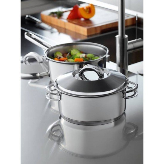 CACAROLA RASA SOLAR EM ACO INOX FUNDO TRIPLO COM TAMPA E ALCAS 16 CM 1,4 L TRAMONTINA