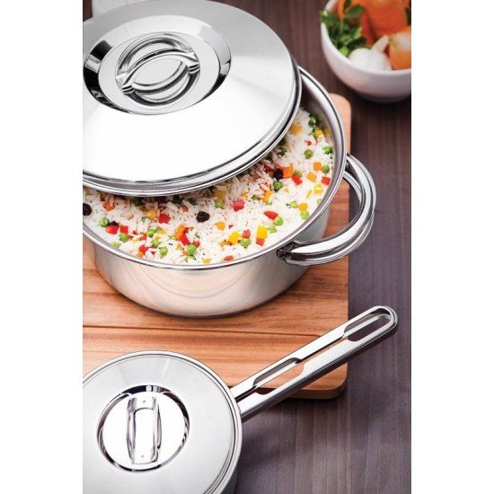 CACAROLA RASA SOLAR EM ACO INOX FUNDO TRIPLO COM TAMPA E ALCAS 16 CM 1,4 L TRAMONTINA