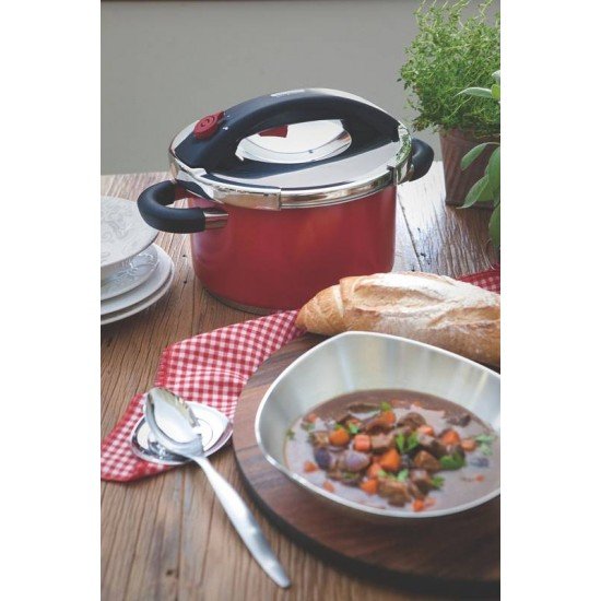 PANELA DE PRESSAO PRESTO VERMELHA EM ACO INOX FUNDO TRIPLO 24 CM 6 L TRAMONTINA