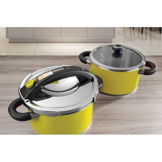 PANELA DE PRESSAO PRESTO AMARELA EM ACO INOX FUNDO TRIPLO 24 CM 6 L TRAMONTINA