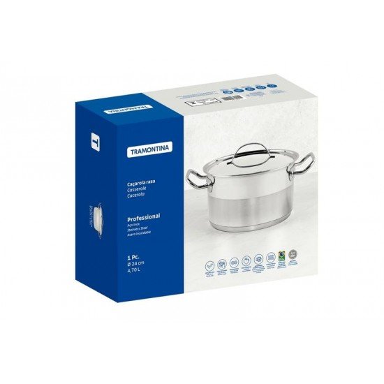 CAÇAROLA TRAMONTINA PROFESSIONAL RASA EM AÇO INOX FUNDO TRIPLO COM TAMPA PLANA DETALHE SATINADO 24 CM 4,7 L