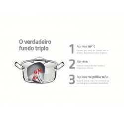 CAÇAROLA TRAMONTINA PROFESSIONAL RASA EM AÇO INOX FUNDO TRIPLO COM TAMPA PLANA DETALHE SATINADO 24 CM 4,7 L