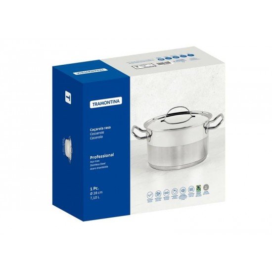 CAÇAROLA TRAMONTINA PROFESSIONAL  RASA EM AÇO INOX FUNDO TRIPLO COM TAMPA PLANA DETALHE SATINADO 28 CM 7,1 L