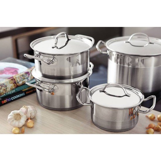 CAÇAROLA TRAMONTINA PROFESSIONAL  RASA EM AÇO INOX FUNDO TRIPLO COM TAMPA PLANA DETALHE SATINADO 28 CM 7,1 L