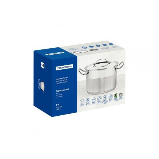 CAÇAROLA TRAMONTINA PROFESSIONAL FUNDA EM AÇO INOX FUNDO TRIPLO COM TAMPA PLANA DETALHE SATINADO 16 CM 1,8 L
