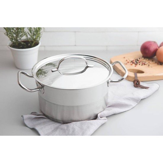CAÇAROLA TRAMONTINA PROFESSIONAL FUNDA EM AÇO INOX FUNDO TRIPLO COM TAMPA PLANA DETALHE SATINADO 16 CM 1,8 L