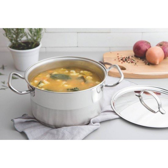 CAÇAROLA TRAMONTINA PROFESSIONAL FUNDA EM AÇO INOX FUNDO TRIPLO COM TAMPA PLANA DETALHE SATINADO 16 CM 1,8 L