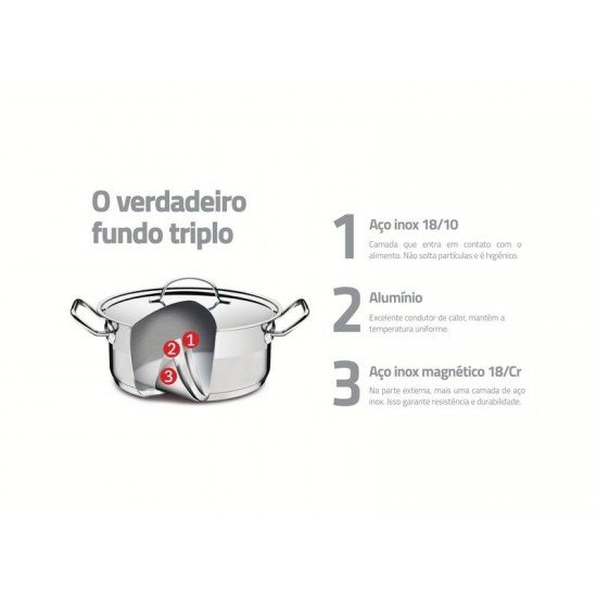 CAÇAROLA TRAMONTINA PROFESSIONAL FUNDA EM AÇO INOX FUNDO TRIPLO COM TAMPA PLANA DETALHE SATINADO 24 CM 6,1 L