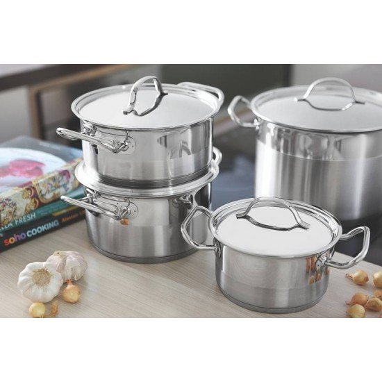 CALDEIRAO PROFESSIONAL EM ACO INOX FUNDO TRIPLO TAMPA PLANA DETALHE SATINADO 20 CM 4,6 L TRAMONTINA
