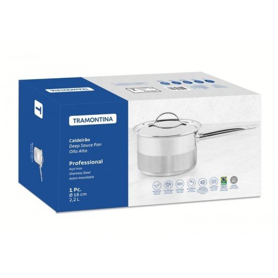 CALDEIRÃO TRAMONTINA PROFESSIONAL EM AÇO INOX FUNDO TRIPLO COM TAMPA PLANA DETALHE SATINADO E CABO 16 CM 2,2 L