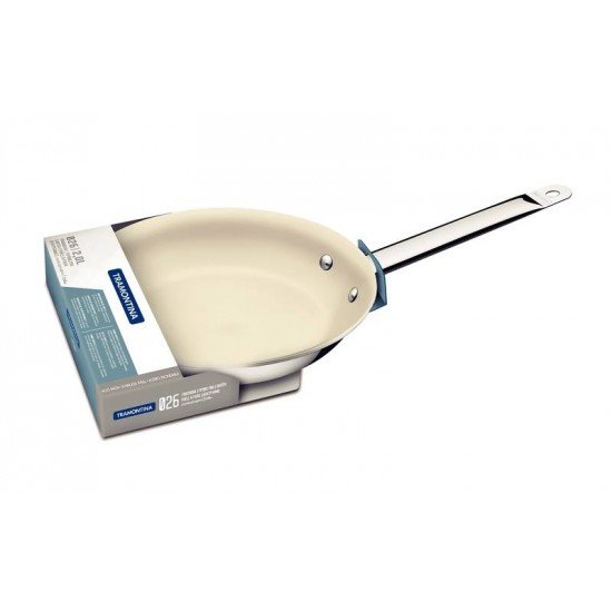 FRIGIDEIRA TRAMONTINA PROFESSIONAL RASA EM AÇO INOX FUNDO TRIPLO REVESTIMENTO INTERNO EM CERÂMICA BEGE COM CABO 26 CM 2 L