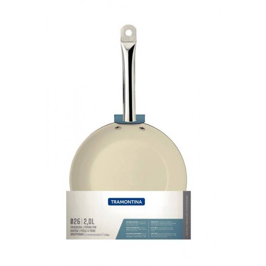 FRIGIDEIRA TRAMONTINA PROFESSIONAL RASA EM AÇO INOX FUNDO TRIPLO REVESTIMENTO INTERNO EM CERÂMICA BEGE COM CABO 26 CM 2 L