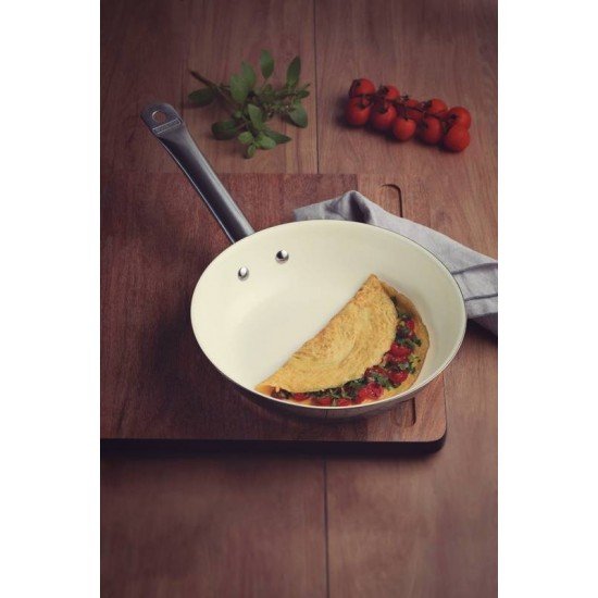 FRIGIDEIRA TRAMONTINA PROFESSIONAL RASA EM AÇO INOX FUNDO TRIPLO REVESTIMENTO INTERNO EM CERÂMICA BEGE COM CABO 26 CM 2 L