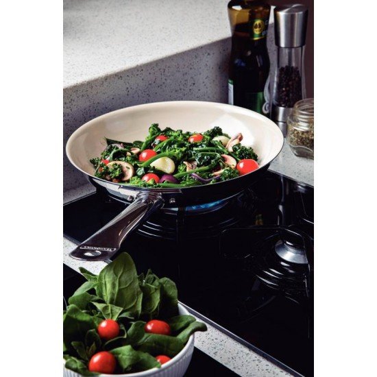 FRIGIDEIRA TRAMONTINA PROFESSIONAL RASA EM AÇO INOX FUNDO TRIPLO REVESTIMENTO INTERNO EM CERÂMICA BEGE COM CABO 26 CM 2 L