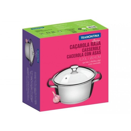 CACAROLA RASA ALLEGRA EM ACO INOX COM FUNDO TRIPLO E TAMPA DE VIDRO 24 CM 4,2 L TRAMONTINA