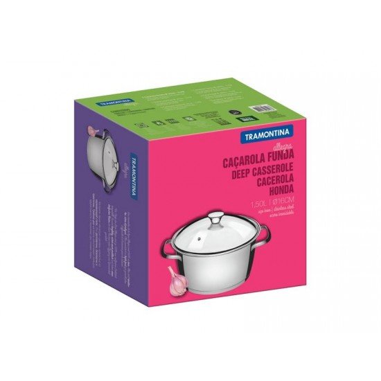 CACAROLA FUNDA ALLEGRA EM ACO INOX COM FUNDO TRIPLO E TAMPA DE VIDRO 16 CM 1,5 L TRAMONTINA