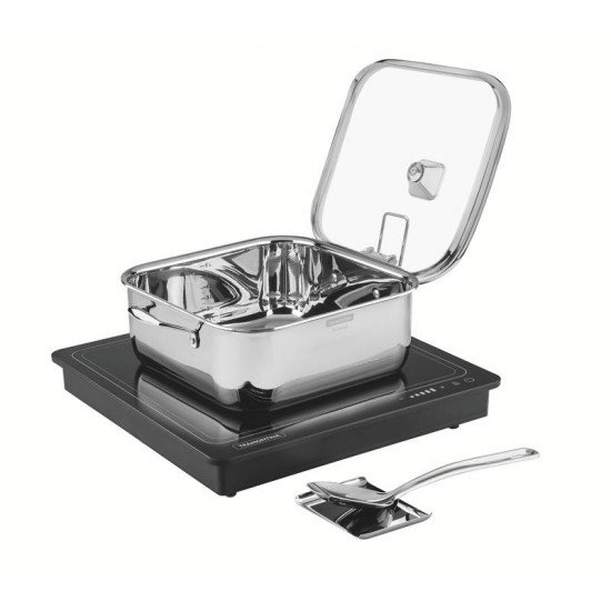 COMBO DE MESA DE AQUECIMENTO A INDUÇÃO TRAMONTINA COM PANELA QUADRADA SUPORTE PARA TAMPA E UTENSÍLIOS 220 V