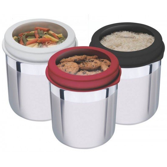 JOGO DE POTES CUCINA EM ACO INOX TAMPA PLASTICA VERMELHA COM VISOR 3 PECAS TRAMONTINA