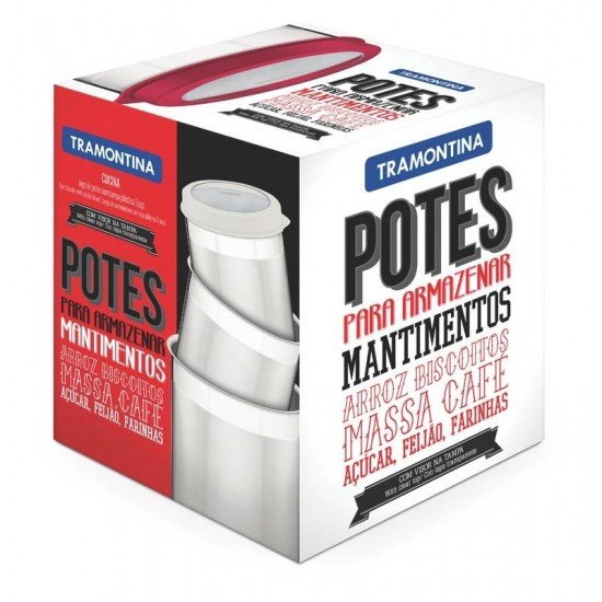 JOGO DE POTES CUCINA EM ACO INOX TAMPA PLASTICA VERMELHA COM VISOR 3 PECAS TRAMONTINA