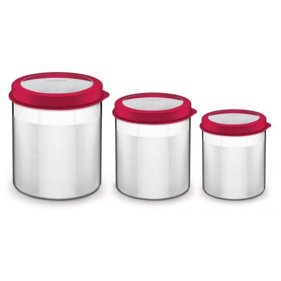 JOGO DE POTES CUCINA EM ACO INOX TAMPA PLASTICA VERMELHA COM VISOR 3 PECAS TRAMONTINA