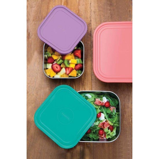 JOGO DE POTES FREEZINOX QUADRADOS EM ACO INOX COM TAMPAS PLASTICA MULTICORES 3 PECAS TRAMONTINA