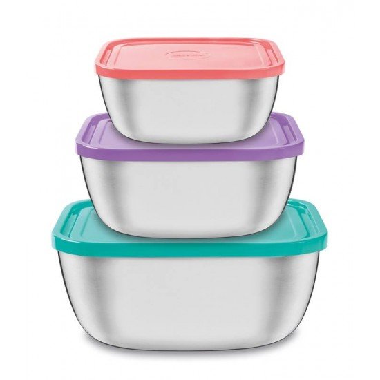 JOGO DE POTES FREEZINOX QUADRADOS EM ACO INOX COM TAMPAS PLASTICA MULTICORES 3 PECAS TRAMONTINA