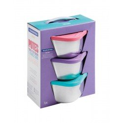 JOGO DE POTES FREEZINOX QUADRADOS EM ACO INOX COM TAMPA PLASTICA MULTICORES 3 PECAS TRAMONTINA