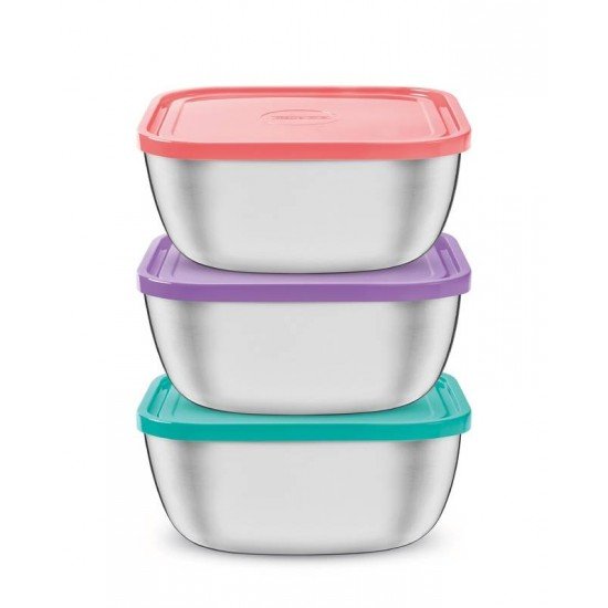 JOGO DE POTES FREEZINOX QUADRADOS EM ACO INOX COM TAMPA PLASTICA MULTICORES 3 PECAS TRAMONTINA