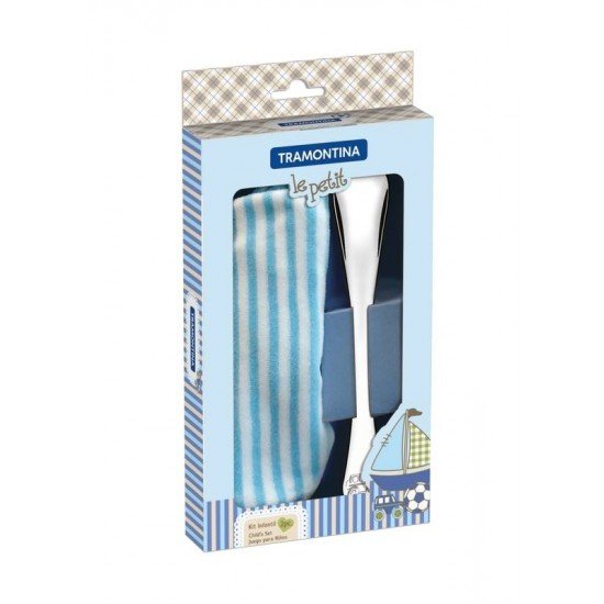 JOGO INFANTIL COM BABADOR AZUL E COLHER EM ACO INOX 2 PECAS TRAMONTINA
