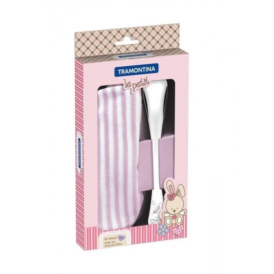 JOGO INFANTIL LE PETIT COM BABADOR ROSA E COLHER EM ACO INOX 2 PECAS TRAMONTINA