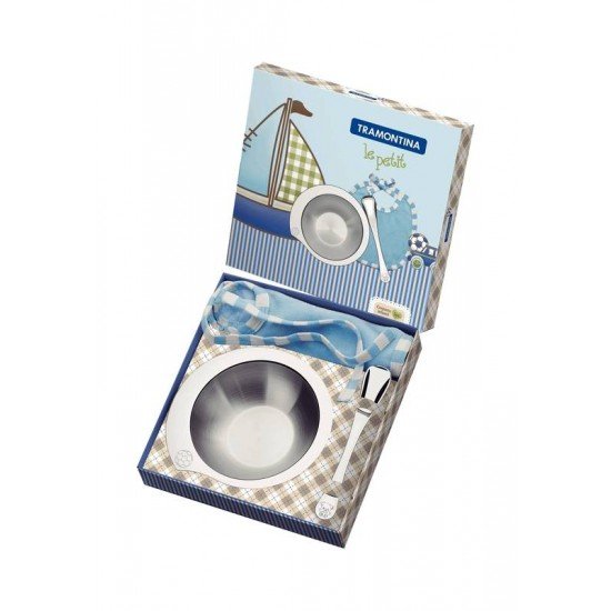 KIT INFANTIL TRAMONTINA LE PETIT PARA REFEIÇÃO AZUL EM AÇO INOX 3 PEÇAS