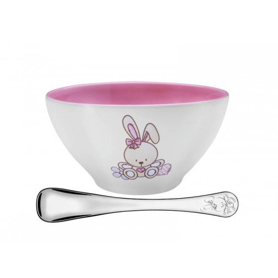 KIT INFANTIL LE PETIT ROSA COM CUMBUCA EM CERAMICA E COLHER EM ACO INOX 2 PECAS TRAMONTINA
