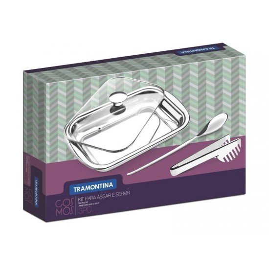KIT PARA ASSAR E SERVIR COSMOS EM ACO INOX COM TAMPA DE VIDRO 3 PECAS TRAMONTINA
