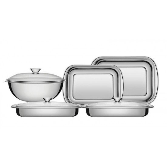 KIT PARA ASSAR E SERVIR ACO INOX COM TAMPA DE VIDRO 5 PC TRAMONTINA