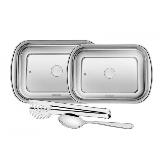 KIT PARA ASSAR E SERVIR COSMOS EM ACO INOX COM TAMPA DE VIDRO 4 PECAS TRAMONTINA