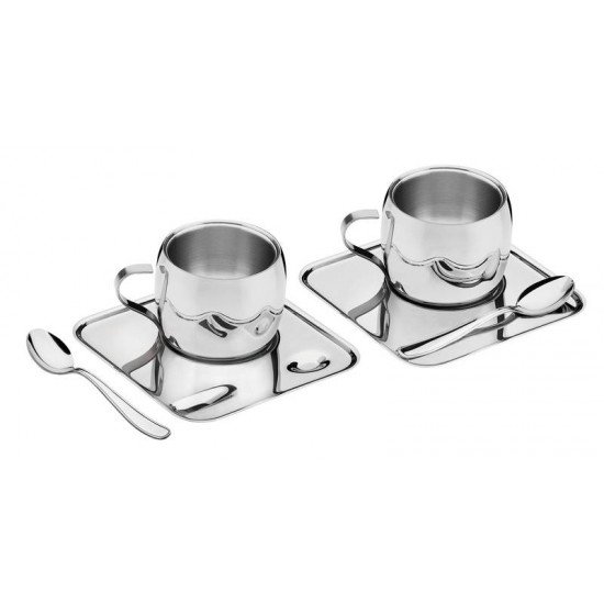 KIT PARA CAFE EM ACO INOX ACABAMENTO BRILHO COM XICARA PIRES QUADRADO E COLHER 6 PECAS TRAMONTINA