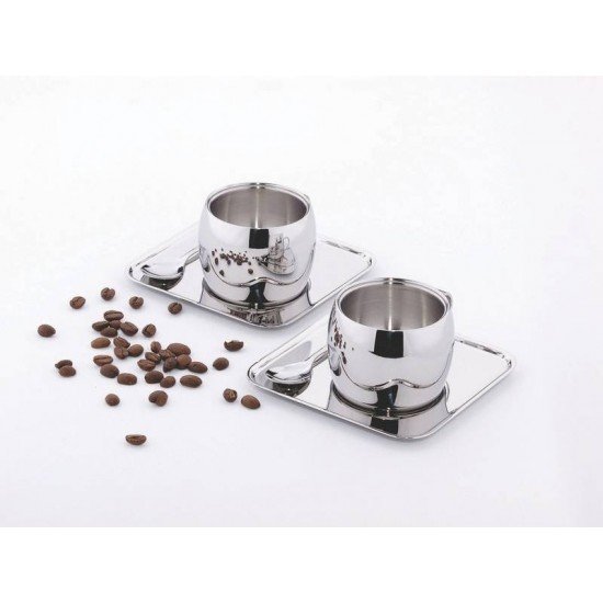 KIT PARA CAFE EM ACO INOX ACABAMENTO BRILHO COM XICARA PIRES QUADRADO E COLHER 6 PECAS TRAMONTINA
