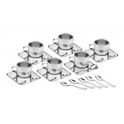 KIT PARA CAFE EM ACO INOX ACABAMENTO BRILHO COM XICARA PIRES QUADRADO E COLHER 18 PECAS TRAMONTINA
