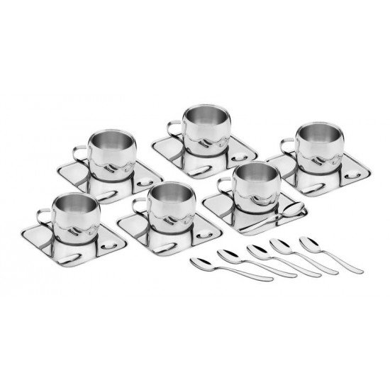 KIT PARA CAFE EM ACO INOX ACABAMENTO BRILHO COM XICARA PIRES QUADRADO E COLHER 18 PECAS TRAMONTINA