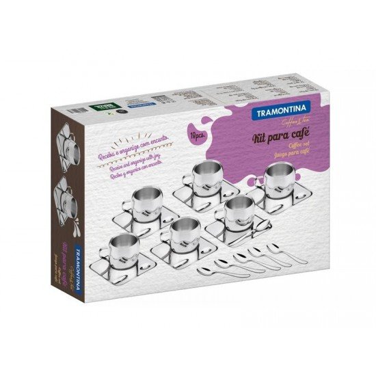 KIT PARA CAFE EM ACO INOX ACABAMENTO BRILHO COM XICARA PIRES QUADRADO E COLHER 18 PECAS TRAMONTINA