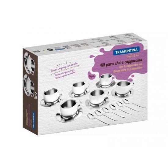 KIT PARA CHA E CAPUCCINO EM ACO INOX ACABAMENTO BRILHO COM XICARA PIRES E COLHER 18 PECAS TRAMONTINA