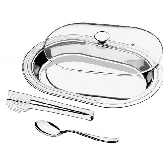 KIT PARA SERVIR CICLO EM ACO INOX COM TAMPA DE VIDRO 3 PECAS TRAMONTINA