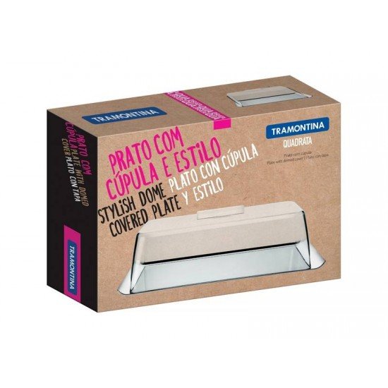 PRATO QUADRATA EM ACO INOX COM CUPULA TRANSPARENTE 2 PECAS TRAMONTINA