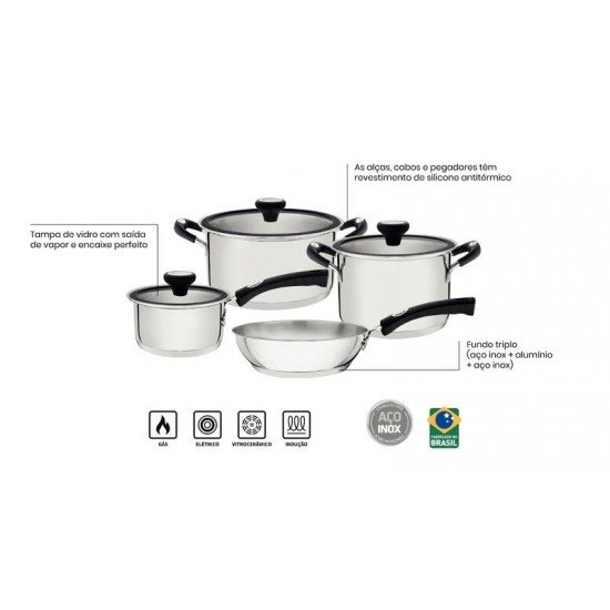 JOGO DE PANELAS TRAMONTINA SOLAR SILICONE EM AÇO INOX 4 PEÇAS