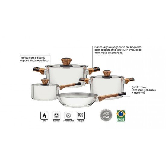 JOGO DE PANELAS TRAMONTINA BRAVA BAQUELITE EM AÇO INOX COM FUNDO TRIPLO CABOS E ALÇAS COM ACABAMENTO EFEITO AMADEIRADO 4 PEÇAS