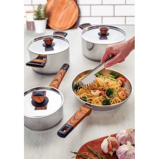 JOGO DE PANELAS TRAMONTINA BRAVA BAQUELITE EM AÇO INOX COM FUNDO TRIPLO CABOS E ALÇAS COM ACABAMENTO EFEITO AMADEIRADO 4 PEÇAS