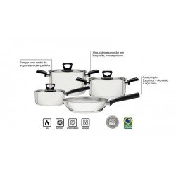 JOGO DE PANELAS TRAMONTINA BRAVA BAQUELITE EM AÇO INOX COM FUNDO TRIPLO E CABOS E ALÇAS DE BAQUELITE PRETO 4 PEÇAS