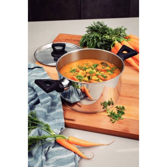 JOGO DE PANELAS TRAMONTINA BRAVA BAQUELITE EM AÇO INOX COM FUNDO TRIPLO E CABOS E ALÇAS DE BAQUELITE PRETO 4 PEÇAS