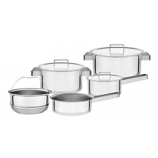 JOGO DE PANELAS EM ACO INOX FUNDO TRIPLO COM MARCACAO INTERNA 5 PECAS TRAMONTINA