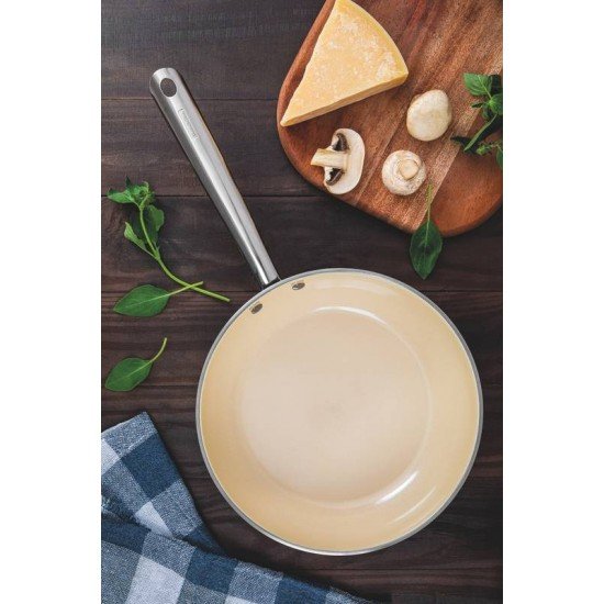 JOGO DE PANELAS TRAMONTINA UNA CERAMIC EM AÇO INOX COM FUNDO TRIPLO E REVESTIMENTO INTERNO CERÂMICO BEGE 4 PEÇAS